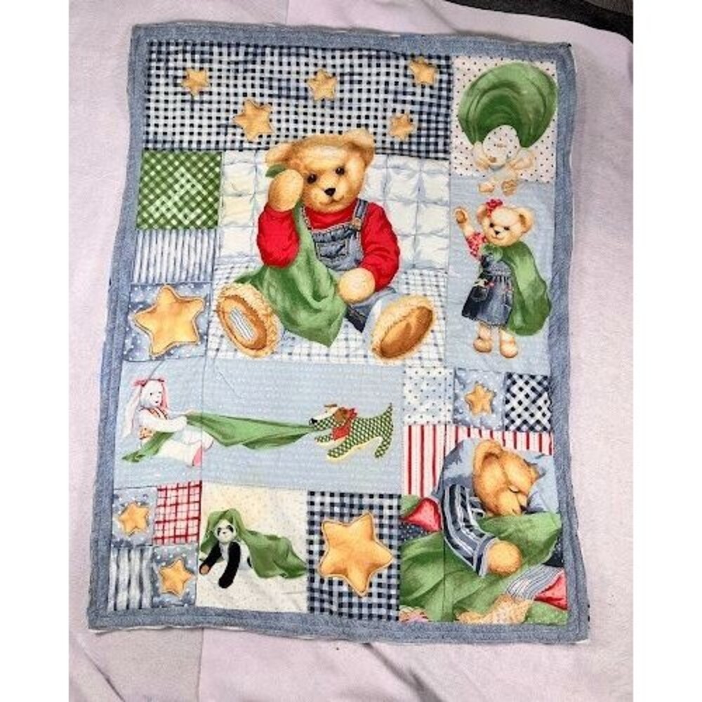 Handmade Baby Quilt Reversible Teddy Bear Snowman Blue Multi-Color 34x44